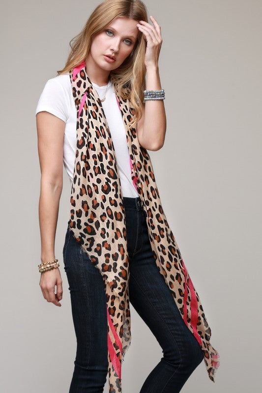 Leopard Scarf with Pink Accent Stripe